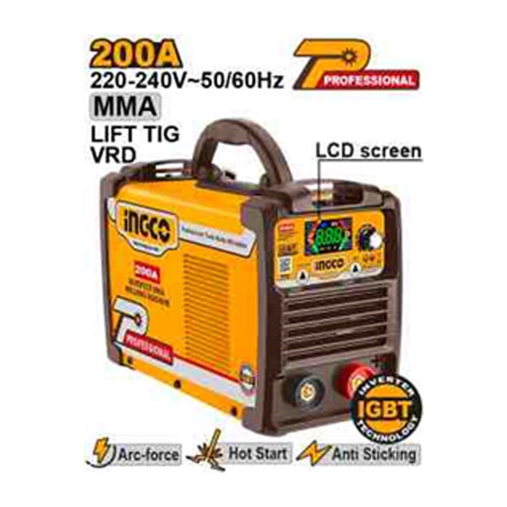 INGCO Аппарат сварочный инверторный INDUSTRIAL MMA/TIG 200А VRD IGBT/ Ø элек. 1,6-4мм/ ЖК дисплей