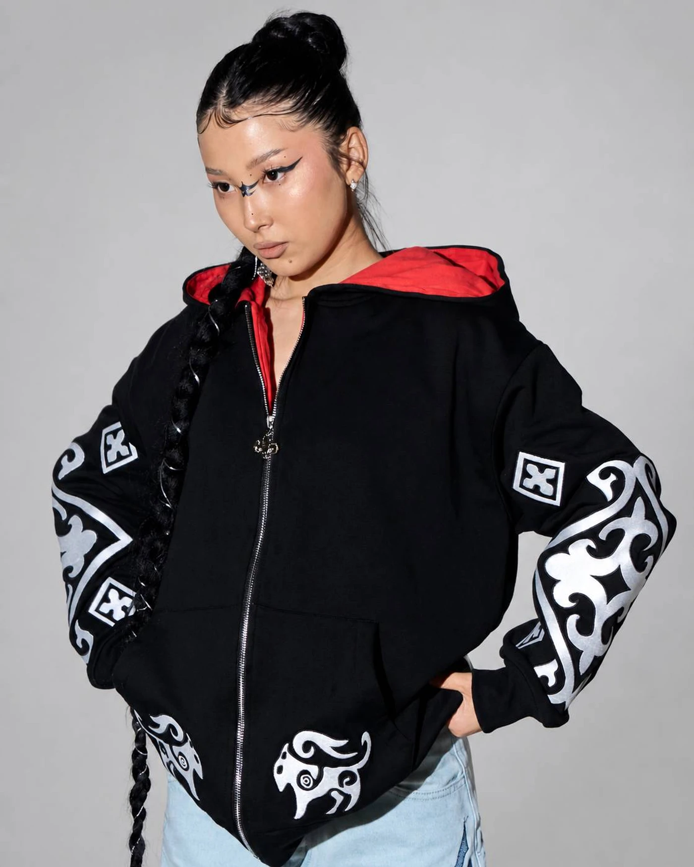 Black Zip Hoodie with Signature Ornament Embroidery