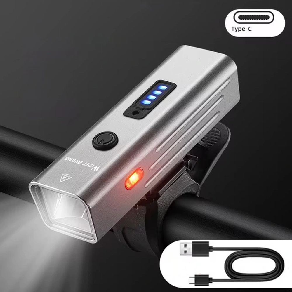 Фонарь велосипедный, передний West Biking YP0701416 Silver (аккум. 1800 mAh, Type-C)
