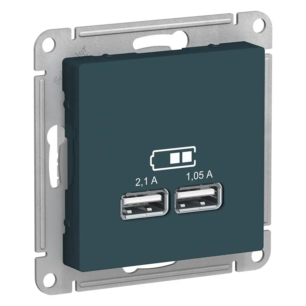 ATLASDESIGN USB РОЗЕТКА A+A, 5В/2,1А, 2х5В/1,05А, механизм, ИЗУМРУД