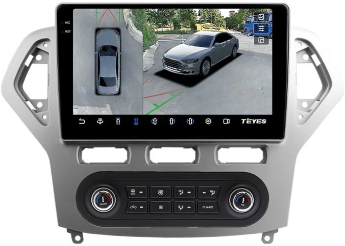 Магнитола для Ford Mondeo 4 2007-2010 (рамка серебро с климатом) - Teyes CC3-2K-360 монитор 10.36" 2K QLED на Android 10, Быстрая, CarPlay, 4G SIM-слот, 4 камеры в комплекте