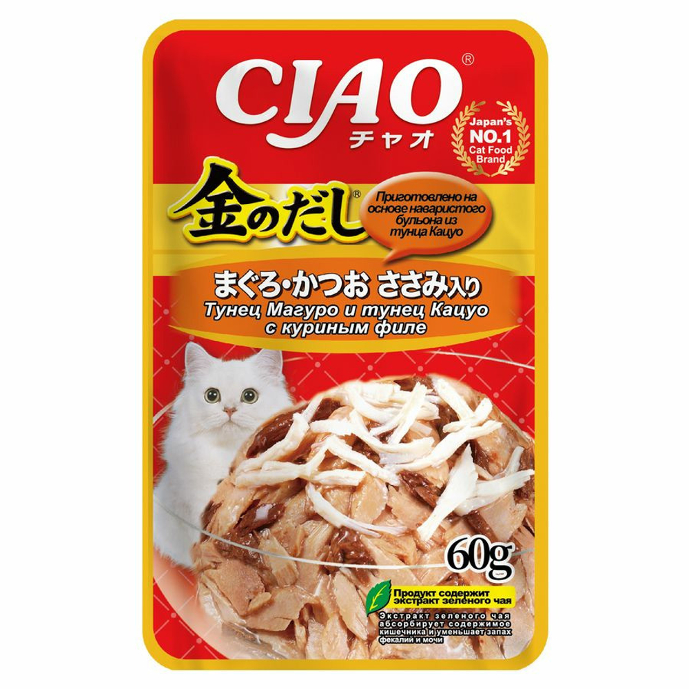 Inaba Ciao Kinnodashi Тунец Магуро/Тунец Кацуо с куриным филе в желе пауч для кошек 60 г