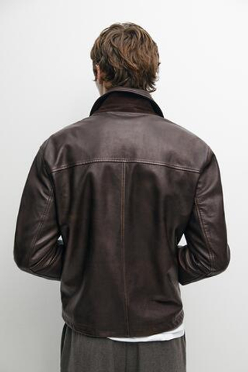 Massimo Dutti Куртка из кожи наппа с застежками-пуговицами, коричневый