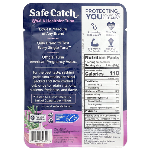 Safe Catch, Wild Elite Pure Tuna, чеснок и травы, 74 г (2,6 унции)