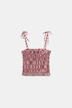 ZARA ТОП НА БРЕТЕЛЯХ В ПОЛОСКУ С РЮШАМИ, ОТТЕНКИ РОЗОВОГО