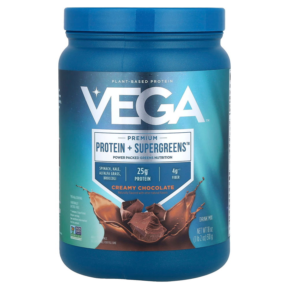 Vega, Premium, Protein + Supergreens™, протеиновая добавка с зеленью, сливочный шоколад, 510 г (1 фунт 2 унции)