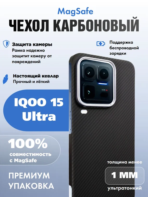 Карбоновый чехол для IQOO 15 Ultra с MagSafe черная сетка (Black)