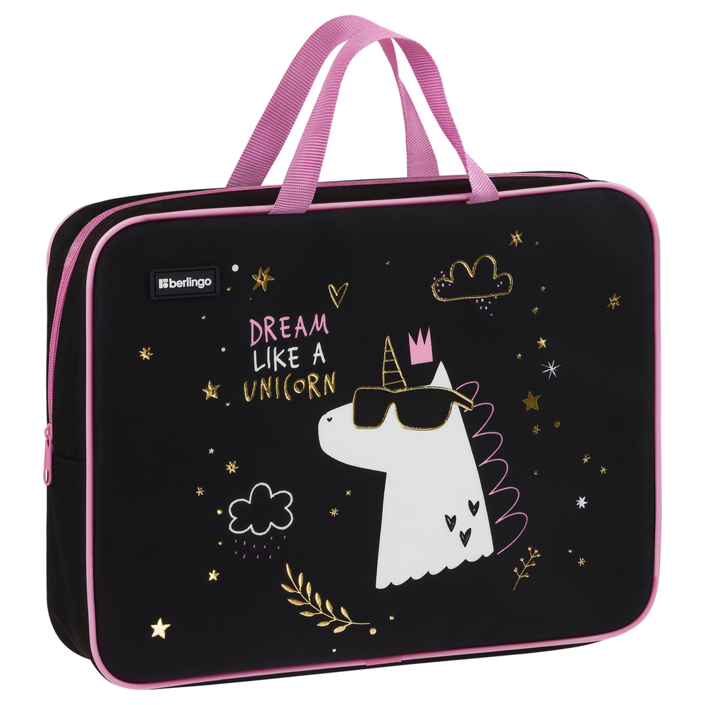 Папка текстильная с ручками 1 отделение, А4 Berlingo "Dream Like A Unicorn", 350*265*80мм, текстиль, на молнии