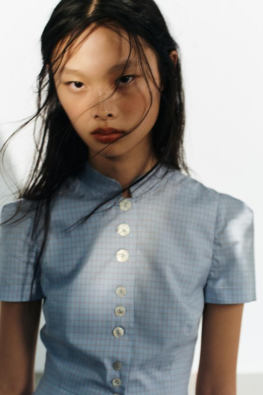 ZARA ТОП В КЛЕТКУ С БАСКОЙ, ОТТЕНКИ СИНЕГО