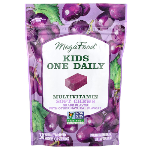 MegaFood, One Daily, для детей, жевательная мультивитаминная добавка, со вкусом винограда, 30 жевательных пастилок в индивидуальной упаковке
