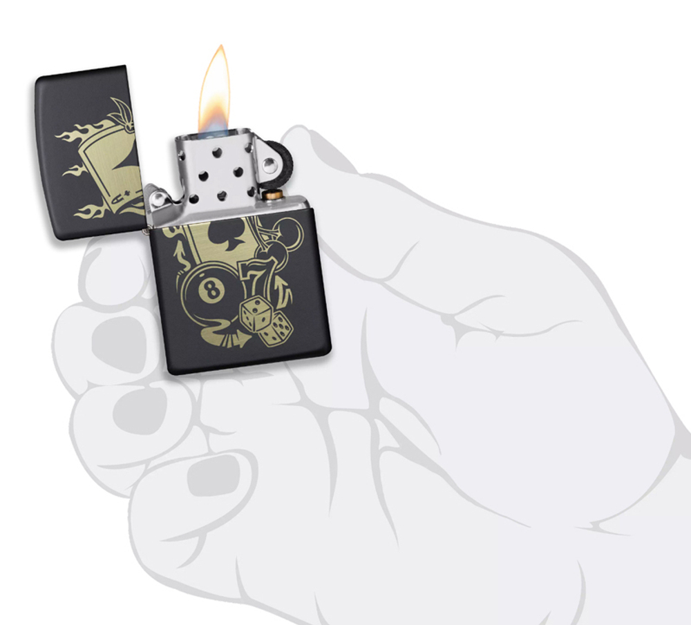 Зажигалка Zippo Gambling Design, покрытие Black Matte, латунь/сталь, чёрная, матовая