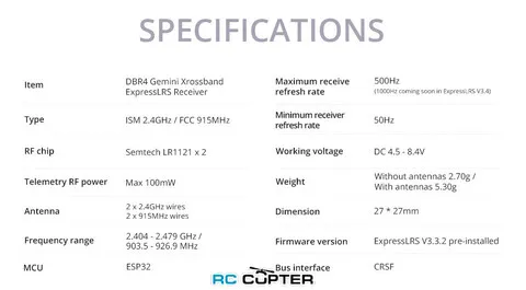 Приёмник Radiomaster DBR4 Dual Band Xross Gemini ELRS 2.4 ГГц и 900 МГц