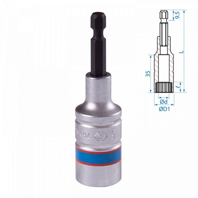 KING TONY (76B816M) Головка для шуруповерта двенадцатигранная 1/4", 16 мм, L = 80 мм