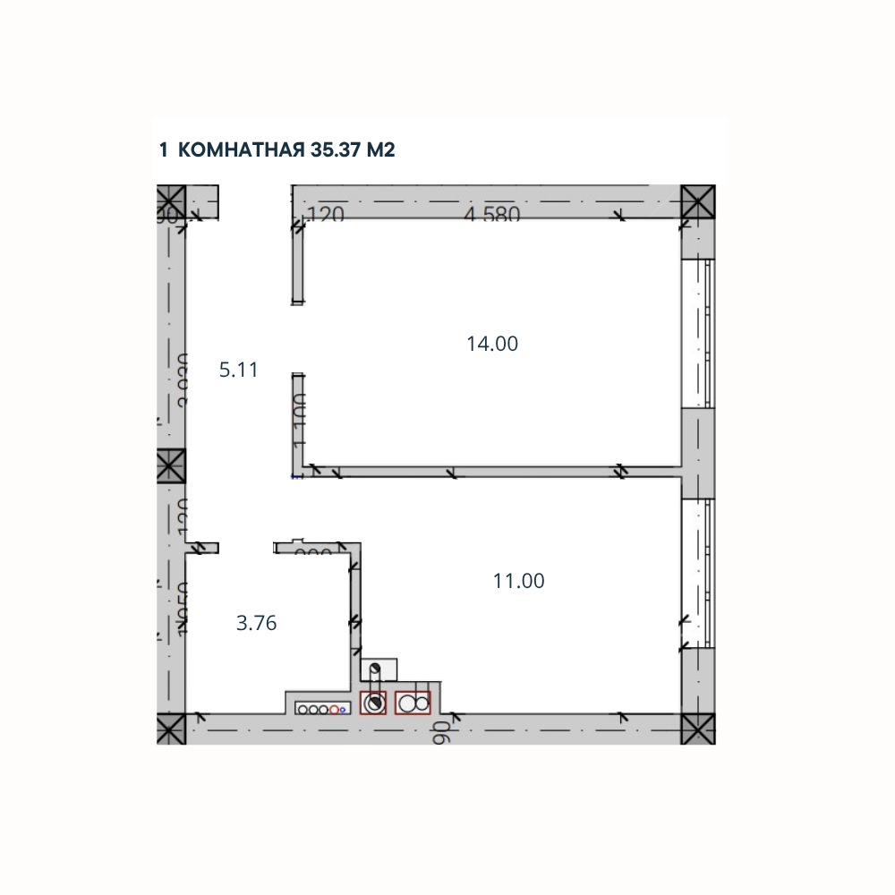 1-комн. квартира, 35,37 м²; 1,2,3 этажи