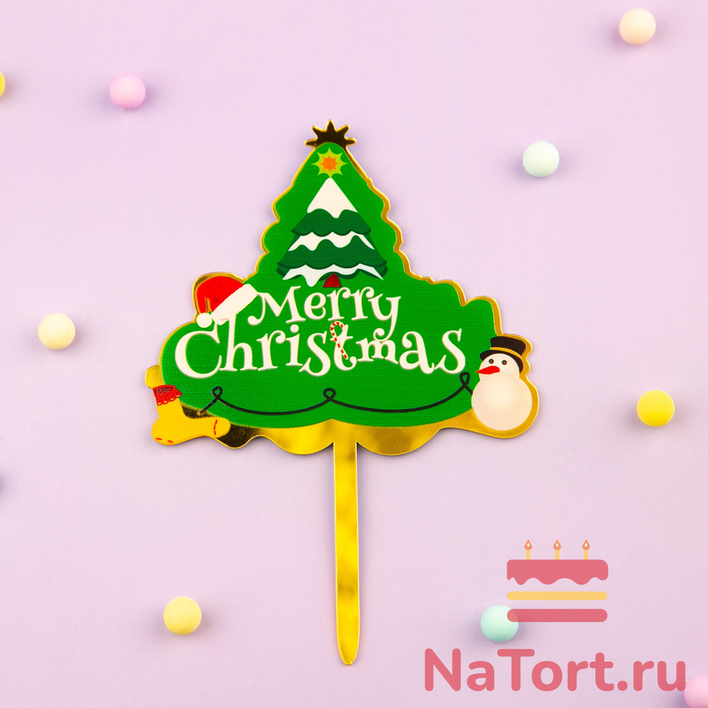 Украшение для торта (топпер) елочка со снеговиком