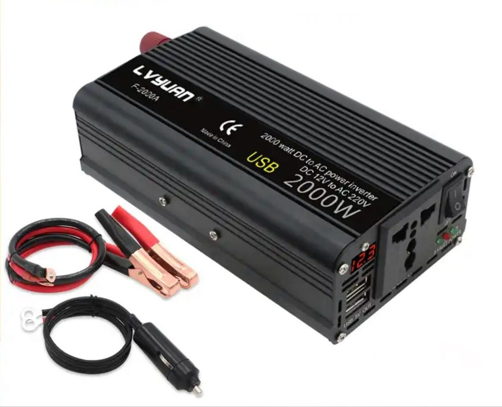 Инвертор 12V-220V 2000W черный универсальная розетка с дисплеем Lvyuan