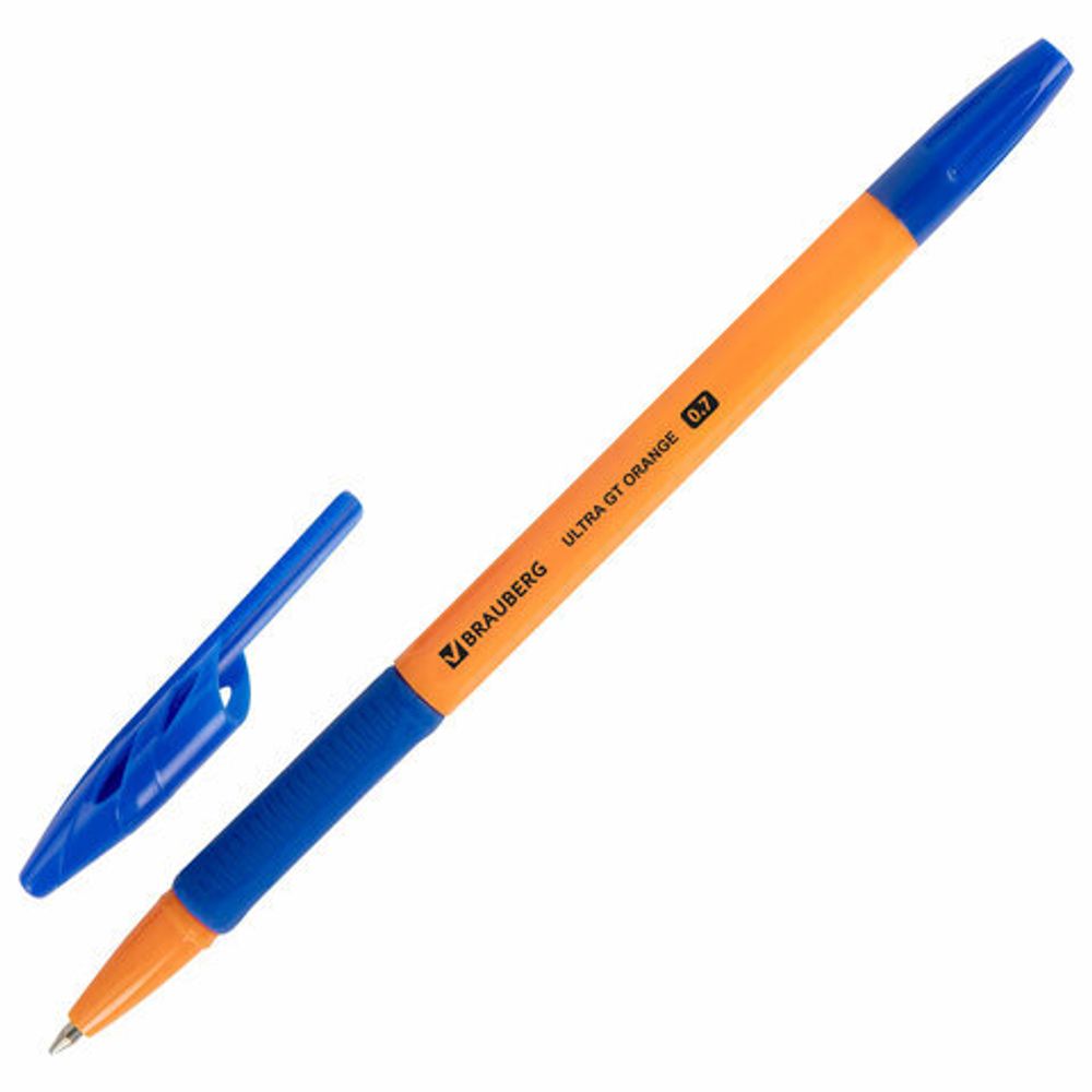 Ручка шариковая с грипом BRAUBERG "ULTRA GT ORANGE", 1шт, СИНЯЯ, корпус оранжевый, линия 0,35 мм, 144052
