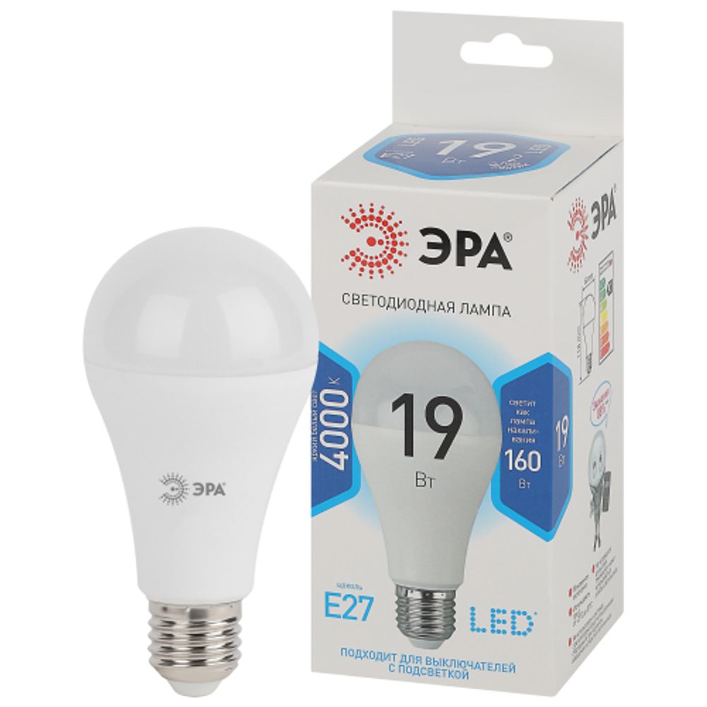 Лампа светодиодная ЭРА STD LED A65-19W-840-E27 19Вт груша нейтральный белый свeт Е27 | Лампы cветодиодные Груша (A)