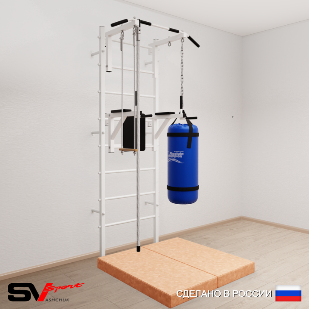 Шведская стенка Sv Sport усиленная 6767 (Турник стандарт/Брусья/Канат/Трапеция/Цепь/Мешок 30кг/Мат 1м)