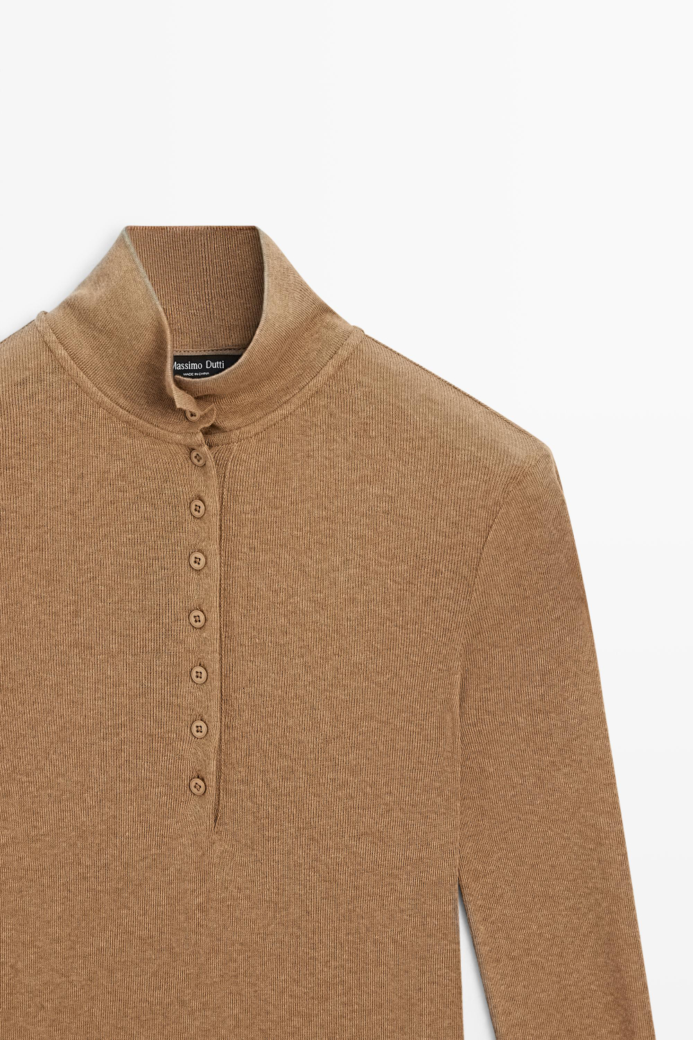 Massimo Dutti Футболка с длинными рукавами и воротником-стойкой, цвет темной верблюжьей шерсти