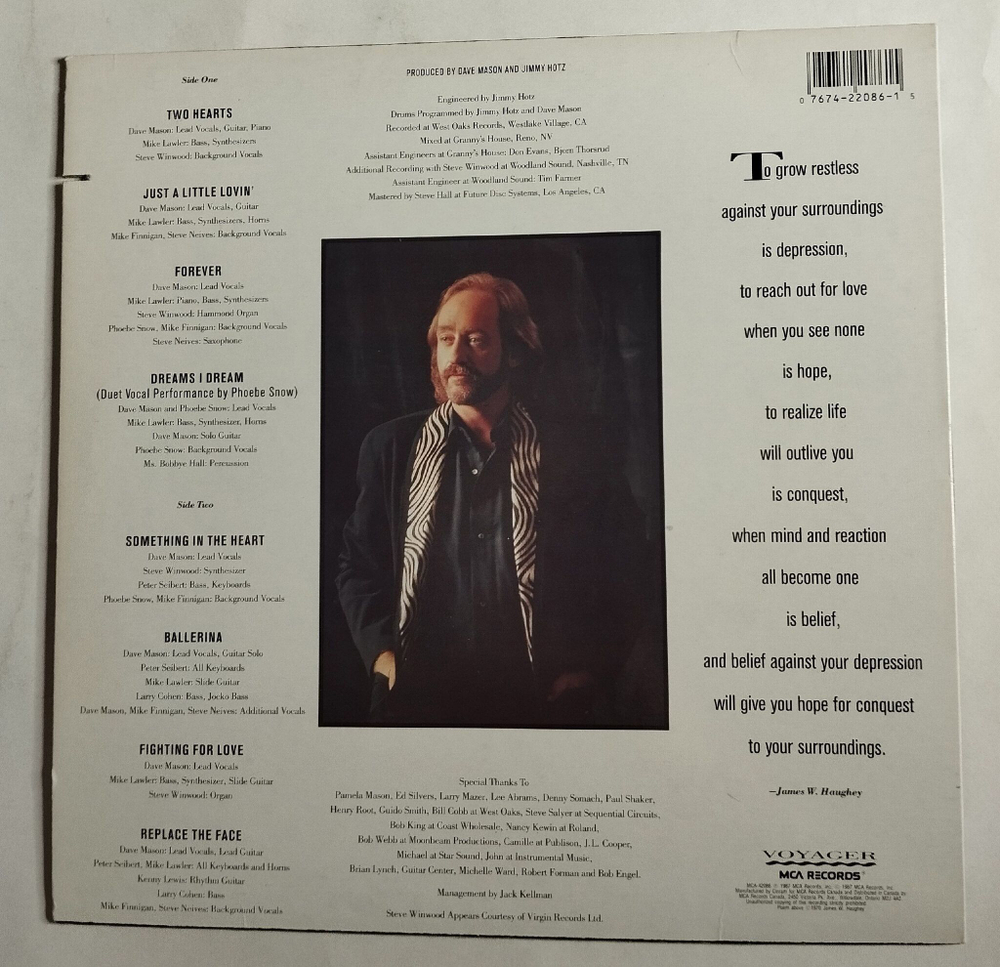 Винтажная виниловая пластинка LP Dave Mason Two Hearts (USA 1987)