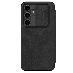 Кожаный чехол книжка черного цвета от Nillkin для Samsung Galaxy S24 FE, серия Qin Pro Leather с защитной шторкой для камеры