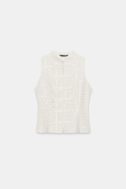 ZARA ТОП С ВЫШИВКОЙ И ПЕРФОРАЦИЕЙ, ЭКРЮ