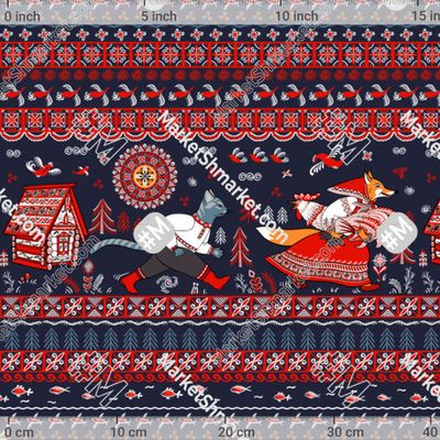 Кот, петух и лиса из сказки в стиле мезенской росписи by Irina Skaska 240 DPI