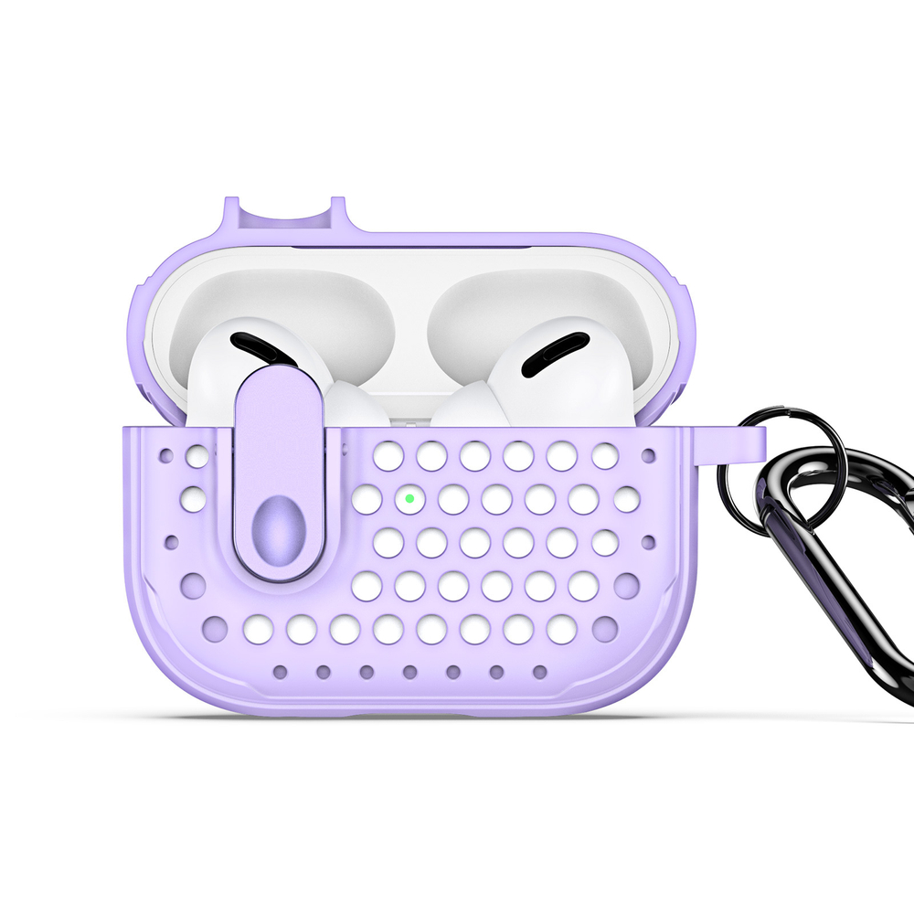 Усиленный чехол фиолетового цвета от Dux Ducis для наушников Airpods Pro 2, серия PECM Series Case, в комплекте с карабином