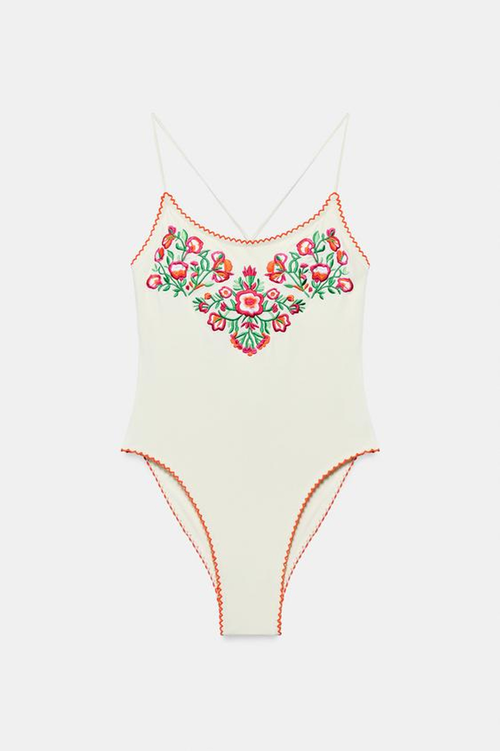 ZARA КУПАЛЬНИК С ВЫШИВКОЙ В ВИДЕ ЦВЕТОВ, ЭКРЮ
