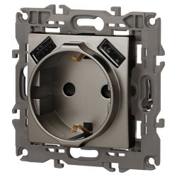 Розетка ЭРА Elegance 14-4109-16 2P+E 16A-250В штор. с 2xUSB 5В-3А титан | Розетки и выключатели