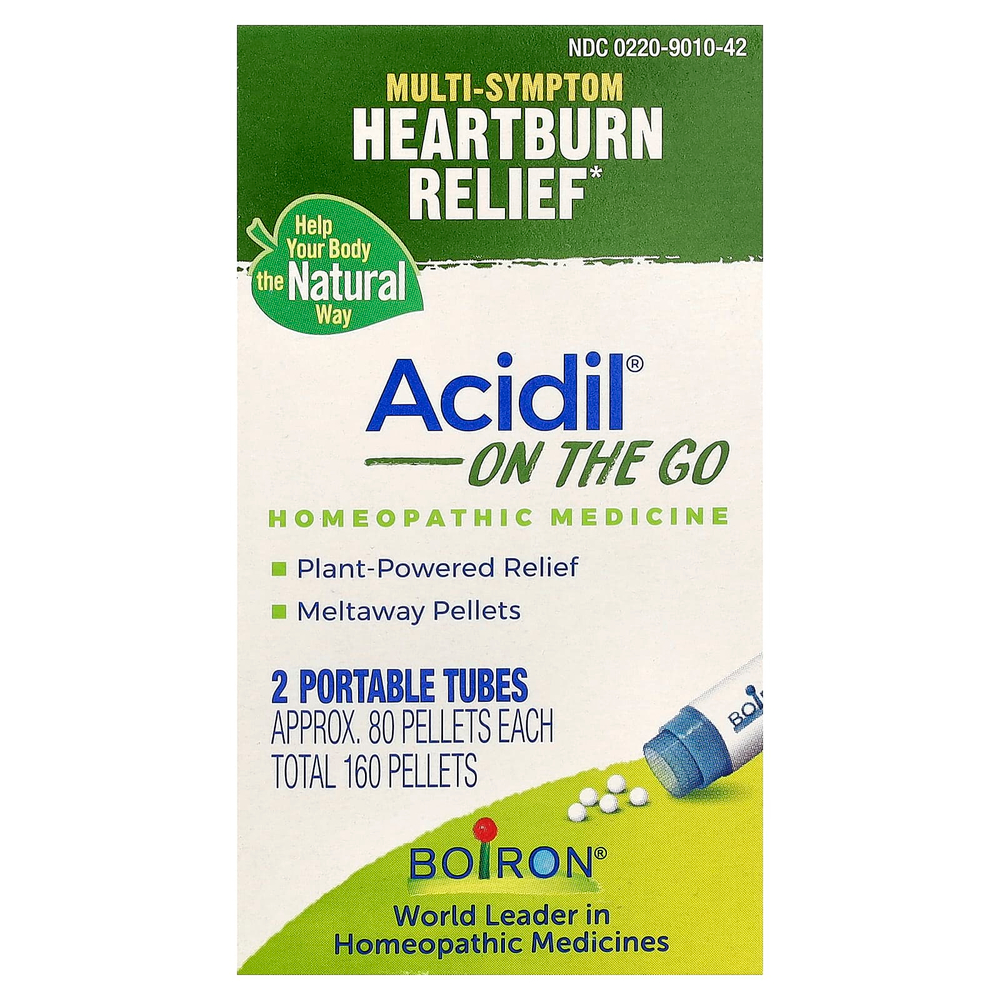 Boiron, Acidil® On The Go, средство для облегчения симптомов изжоги, 2 тюбика по 80 гранул