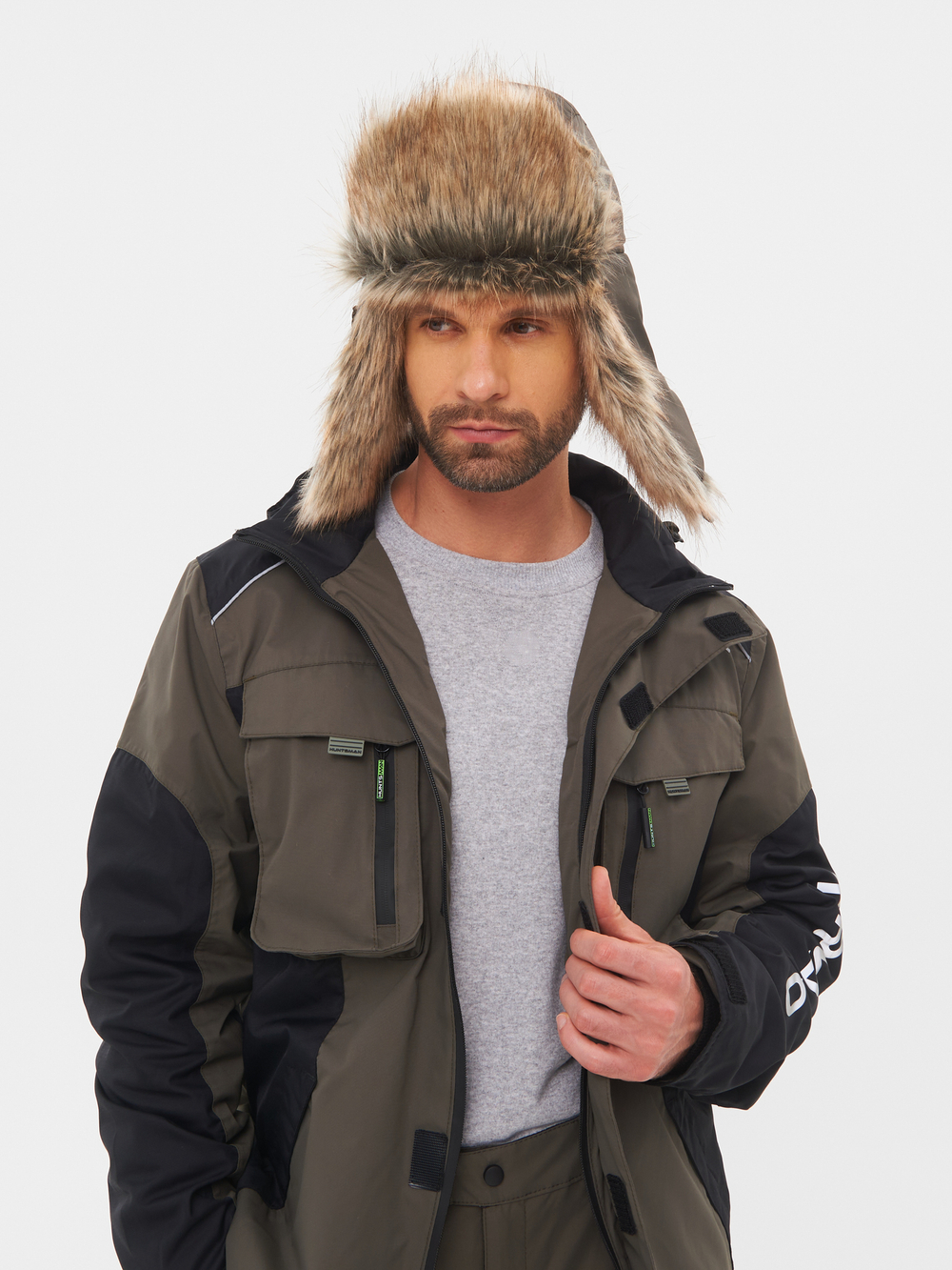 Шапка ушанка с маской Huntsman Евро Енот (Taslan, Хаки)
