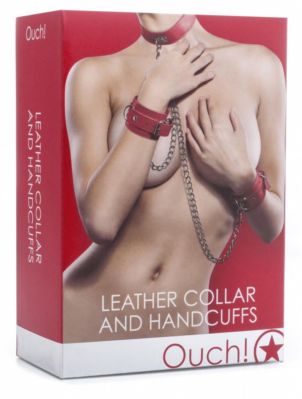 Красный комплект для бондажа Leather Collar and Handcuffs (Цвет: красный)