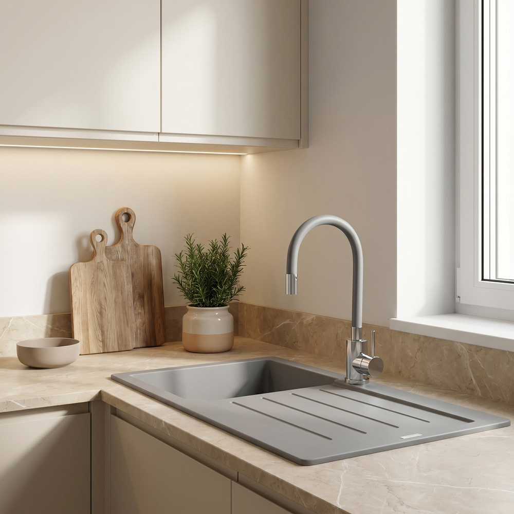 Смеситель для кухни 35k MIXLINE МЛНС-0325Х СЕРЫЙ гибкий силиконовый излив, п/гайку ХРОМ