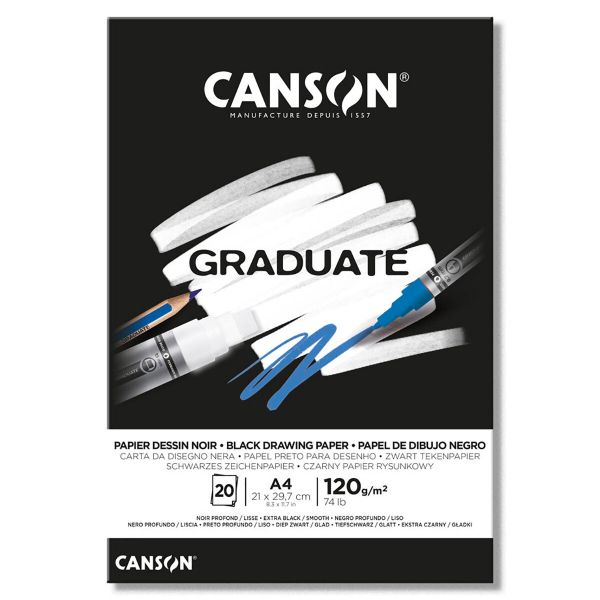 Альбом для смешанных техник Graduate 120 г/м², A4 21х27.9 см, склейка с одной стороны 20 л, черная бумага, Canson C400110386