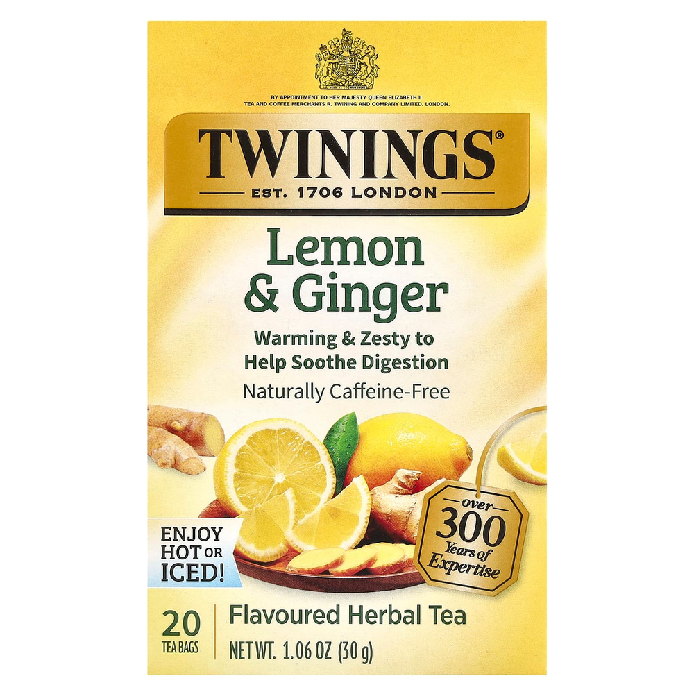 Twinings, Ароматизированный травяной чай, лимон и имбирь, без кофеина, 20 чайных пакетиков, 30 г (1,06 унции)