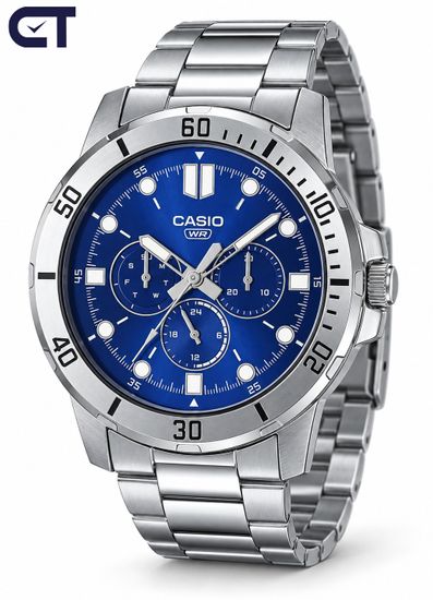 CASIO MTP-VD300D-2E CASIO Collection мужские наручные часы — синий циферблат, три индикатора и выразительный стальной дизайн