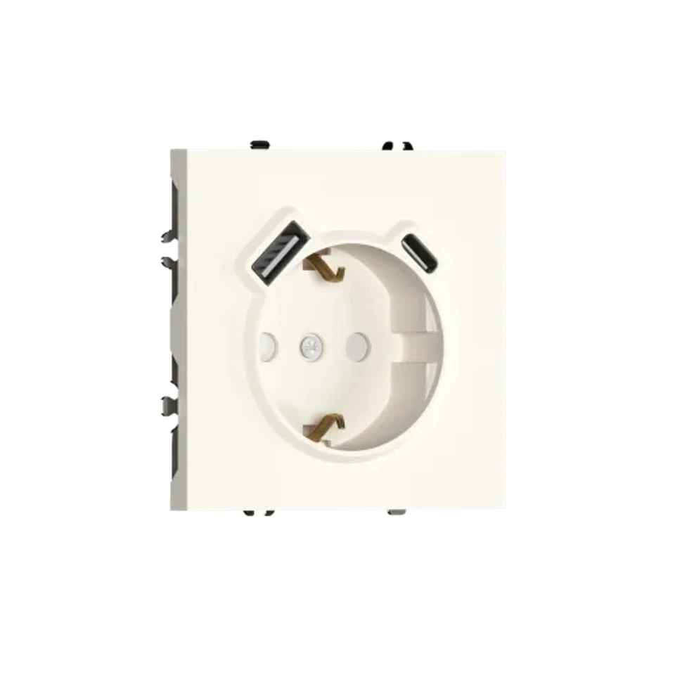 Розетка 220В с заземлением, со шторками, 16А + зарядка USB A+C 20W, на винтах, матовый кремовый DONEL S08