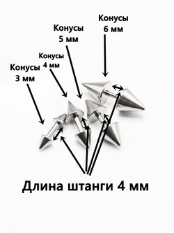 Набор штанг (4 шт.) 4 мм с конусами 3, 4, 5, 6 мм для пирсинга ушей. Медицинская сталь.
