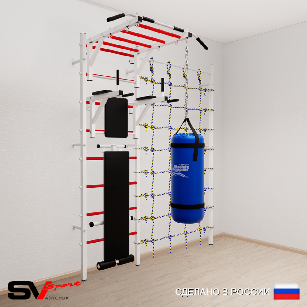 Шведская стенка Sv Sport 52420 (Турник рукоход/Брусья/Скамья/Цепь/Мешок 22кг/Канатный лаз)