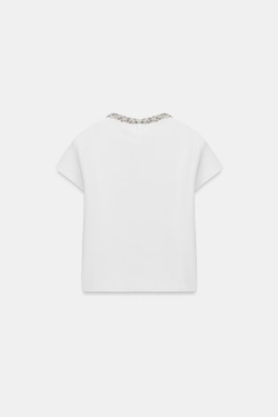 ZARA ТРИКОТАЖНЫЙ ТОП С БУСИНАМИ И СТРАЗАМИ, БЕЛЫЙ