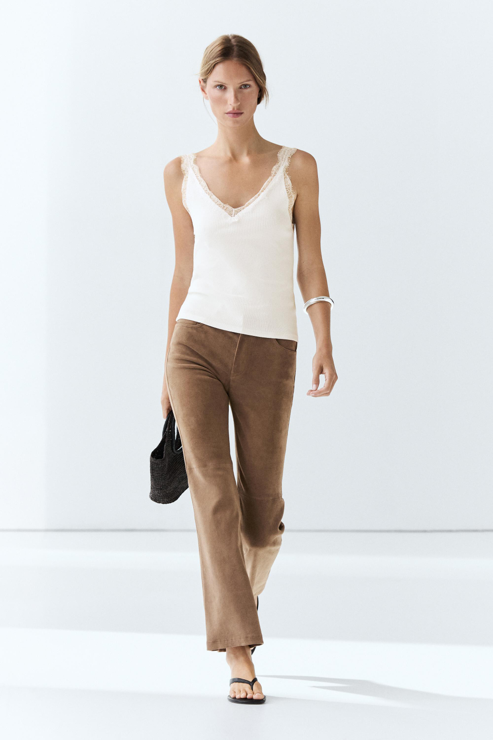 Massimo Dutti Топ на бретелях с кружевной отделкой, белый