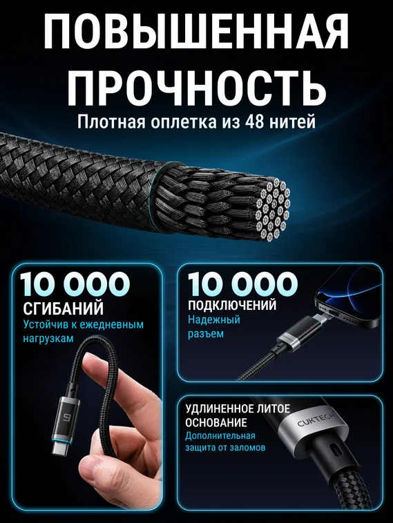 Кабель CUKTECH Type-C to Type-C Magnetic с дисплеем (CMC615P) (6A, 240W, 1.5м) Черный (Black)