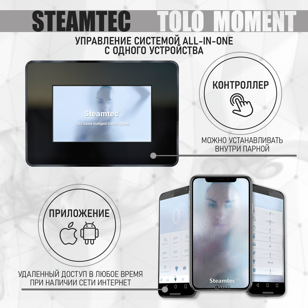 Steamtec TOLO MOMENT 225 - 22,5 кВт парогенераторы для хамама и турецкой бани / Серия PLATINUM со встроенной музыкой, пультом на 9-ти языках и возможностью монтажа без термодатчиков