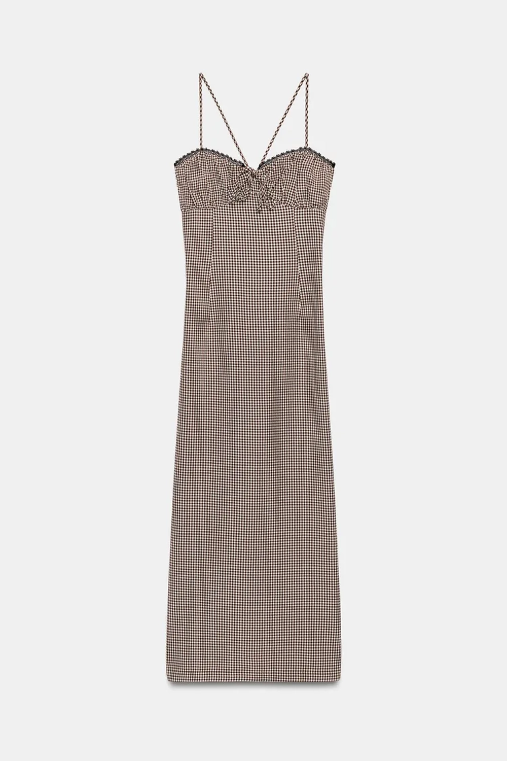 ZARA ПЛАТЬЕ МИДИ В КЛЕТКУ ВИШИ, КОРИЧНЕВЫЙ/ЭКРЮ