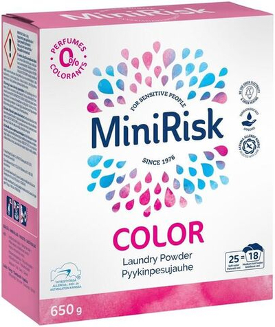 Mini Risk стиральный порошок для цветного и обычного белья для чувствительной кожи без запаха 650 г (из Финляндии)