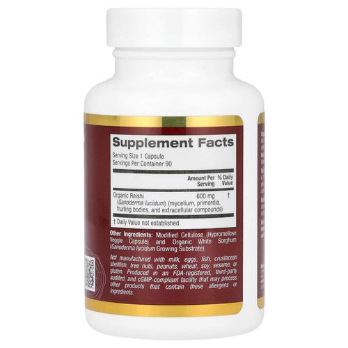 California Gold Nutrition, рейши (Ganoderma lucidum), полный спектр, сертифицированный органический продукт, 90 растительных капсул (600 мг в 1 растительной капсуле)