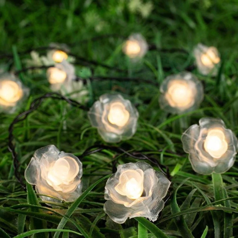 Гирлянда для улицы «Нежный цветок» 3 м 20 ламп LED чёрный провод, 2 реж.,IP-55, Теплый белый (солнечная батарея)
