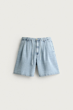 ZARA ШОРТЫ ИЗ МЯГКОЙ РЕЛЬЕФНОЙ ТКАНИ СО СКЛАДКАМИ, ГОЛУБОЙ